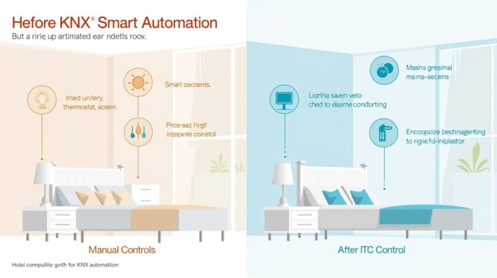 Ứng dụng Công Nghệ KNX Trong Khách Sạn 5 Sao: Câu Chuyện Thành Công Từ Serras Barcelona 3 Flux Dev A sidebyside infographic comparing a hotel room befor 0