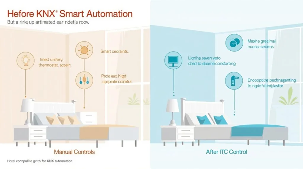 Ứng dụng Công Nghệ KNX Trong Khách Sạn 5 Sao: Câu Chuyện Thành Công Từ Serras Barcelona 3 Flux Dev A sidebyside infographic comparing a hotel room befor 0